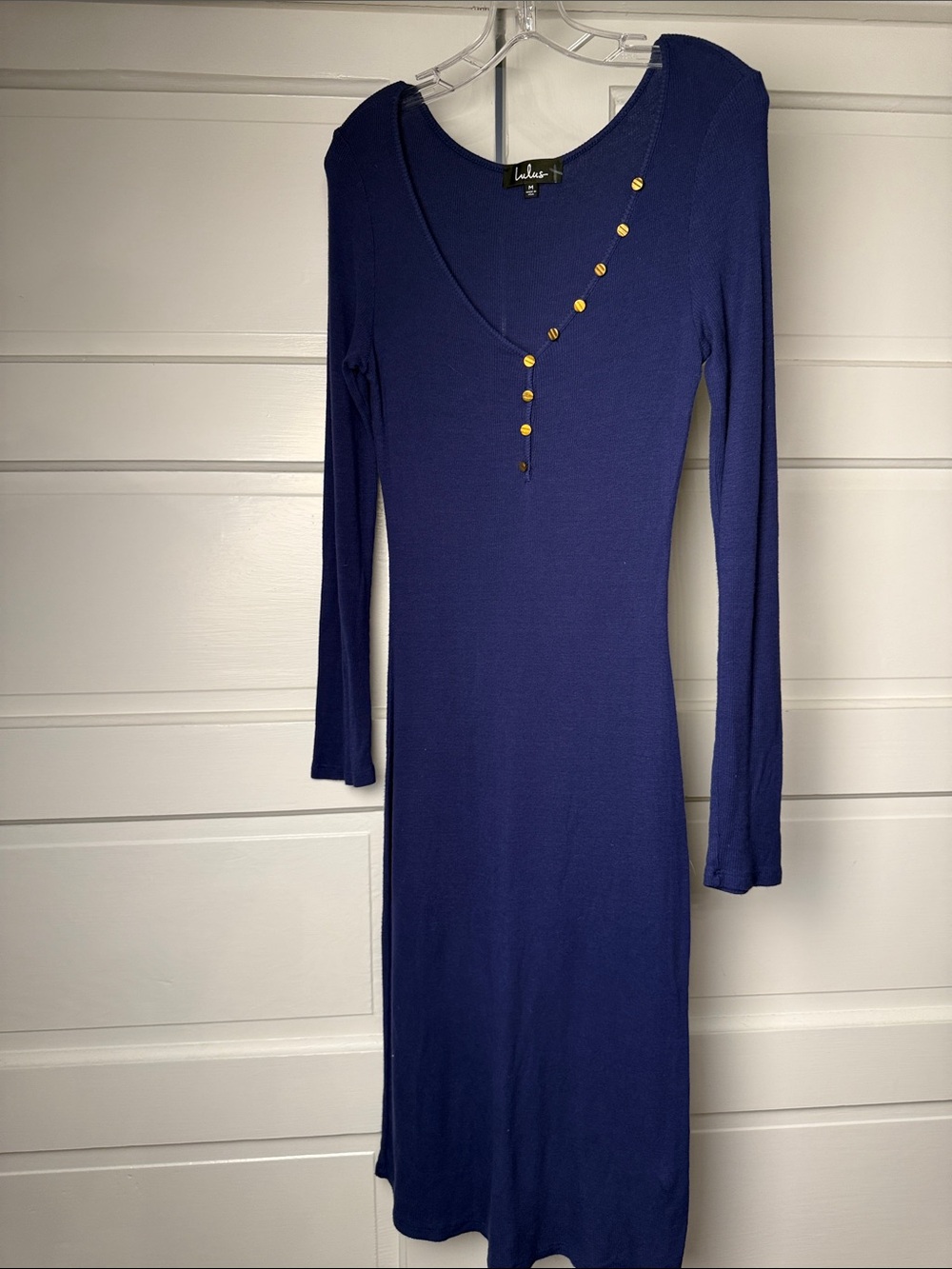 Lulus Y2K Deep Navy bidycon Long-Sleeve Midi Dress with Gold Buttons